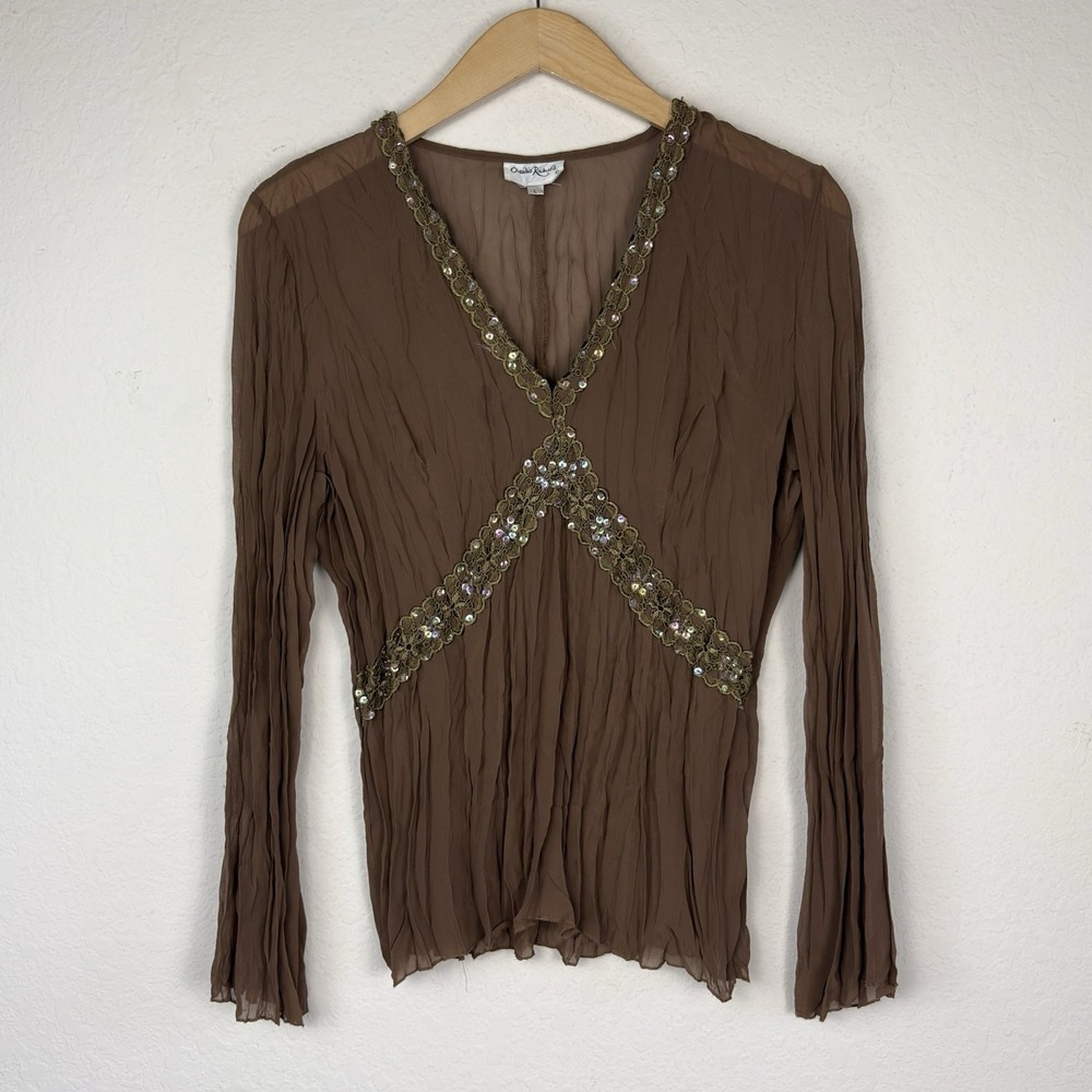 Vtg Y2k Embellished Fairy Grunge Top L Sheer Crinkle Whimsy Long Sleeve Brown